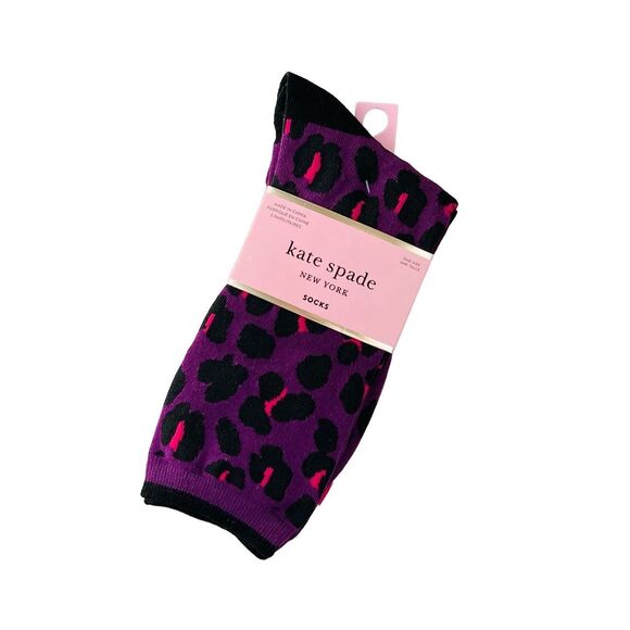 Kate Spade Crew Socks KS Logo Purple Pink Leopard Animal Print - Picture 2 of 4